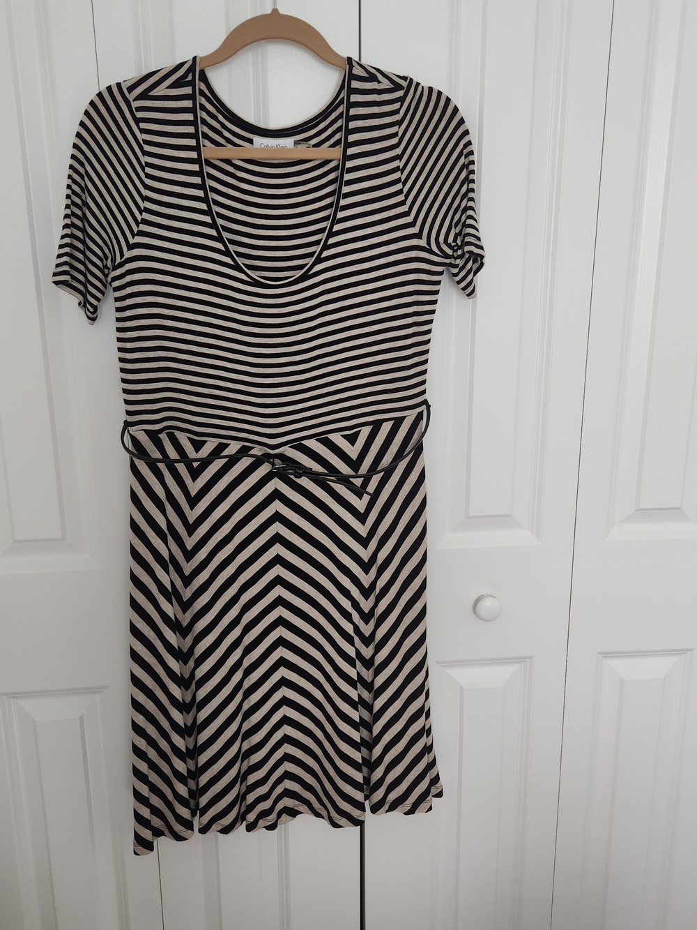 Calvin Klein Black and Cream Striped Scoop-Neck Fit & Flare Dress with Belt